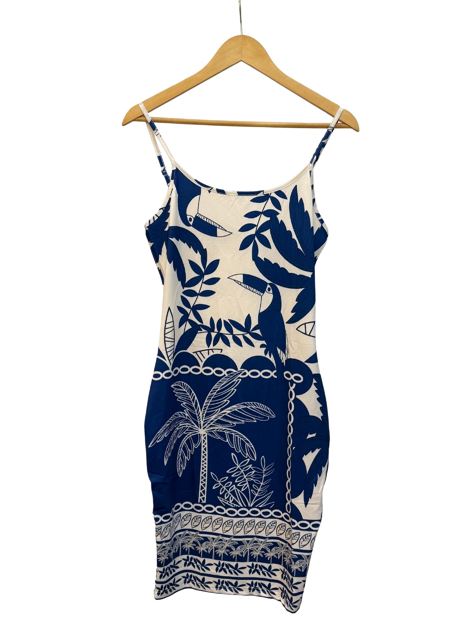 Vestido Corto de Tirantes – Estampado Tropical Azul y Blanco
