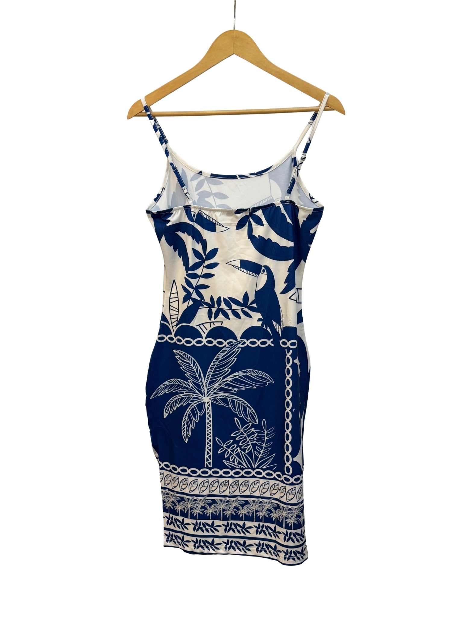 Vestido Corto de Tirantes – Estampado Tropical Azul y Blanco