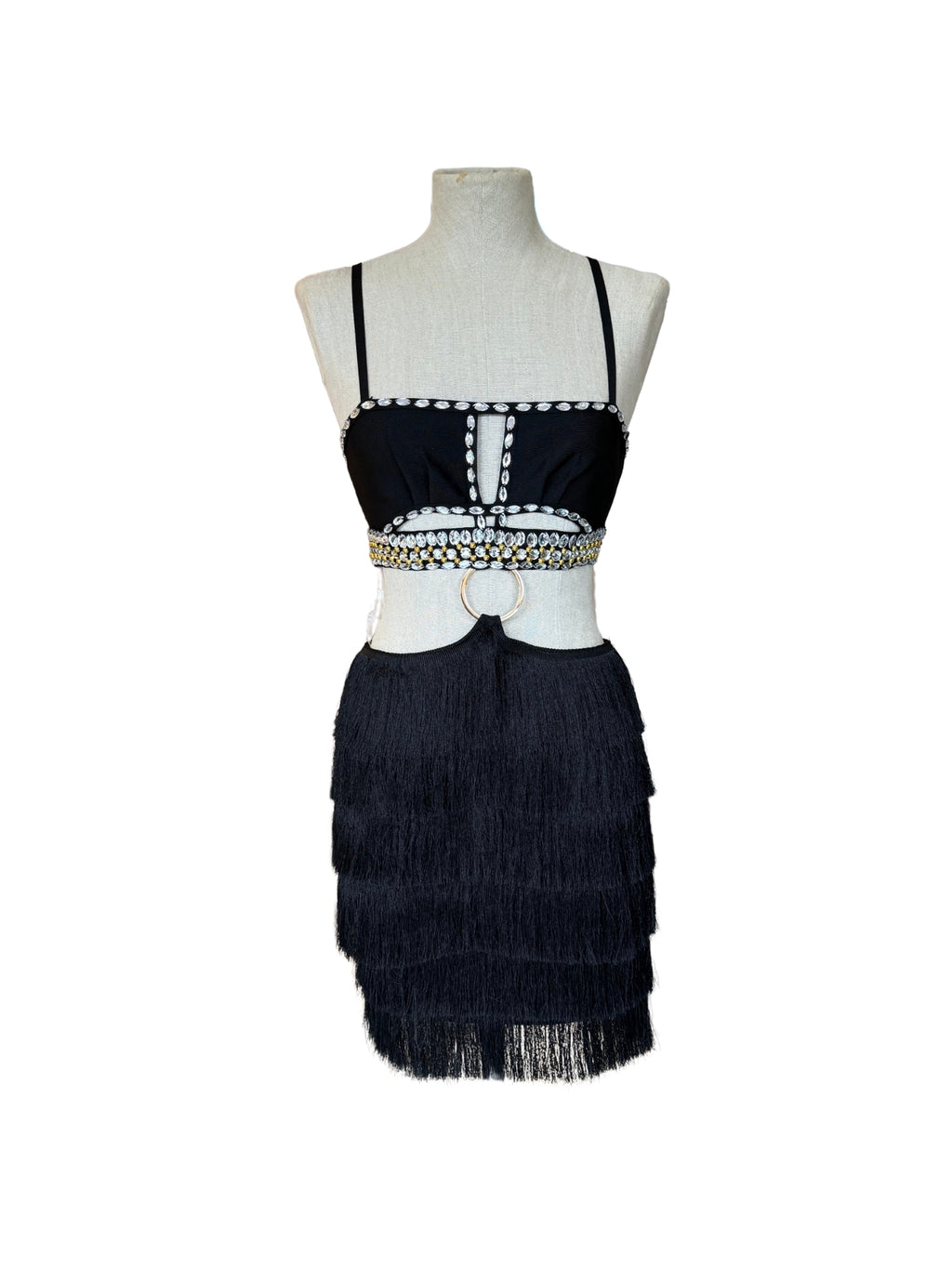 Vestido Mini con Pedrería y Flecos – Color Negro