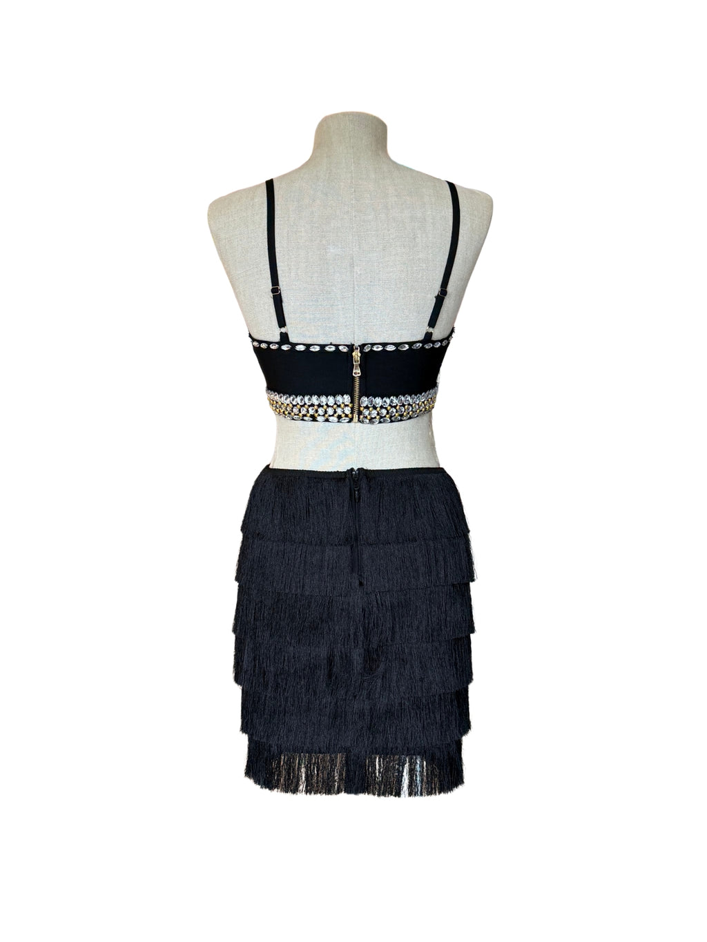 Vestido Mini con Pedrería y Flecos – Color Negro