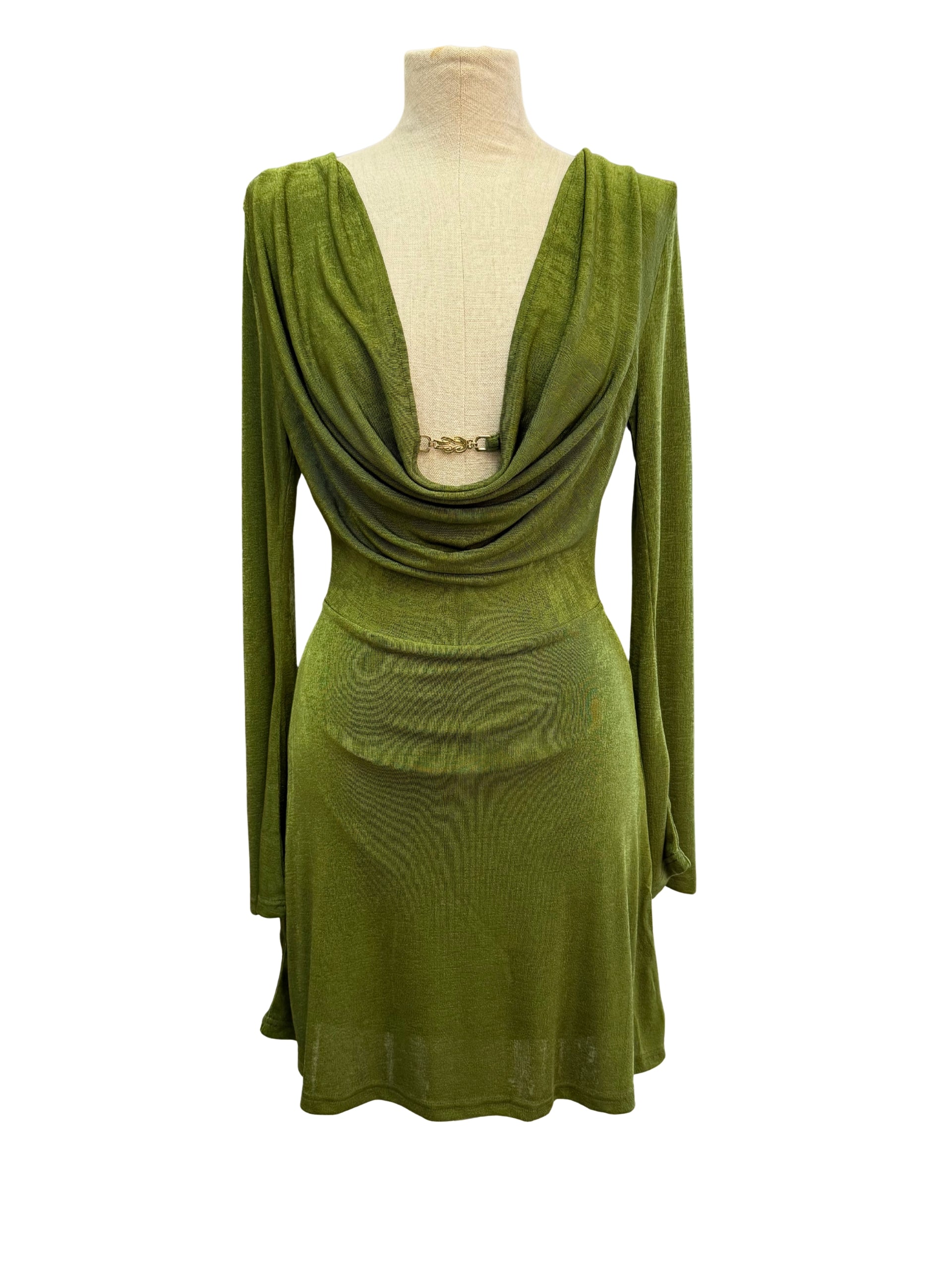 Vestido Corto Escote Drapeado – Verde Oliva
