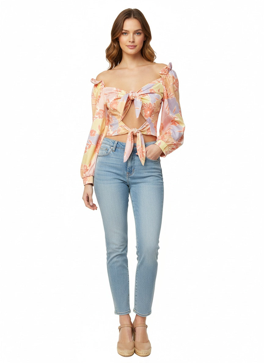 Blusa Manga Larga Estampado Floral – Multicolor con Moño Frontal