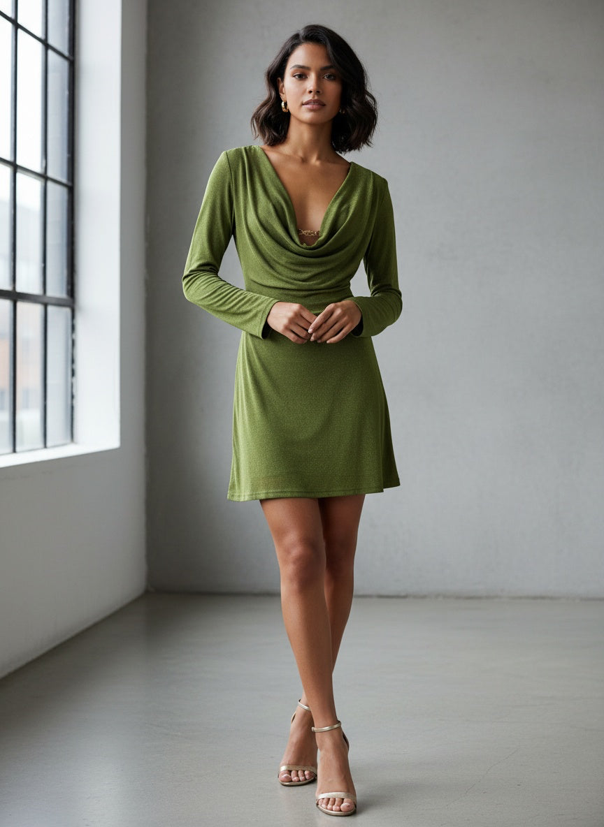 Vestido Corto Escote Drapeado – Verde Oliva
