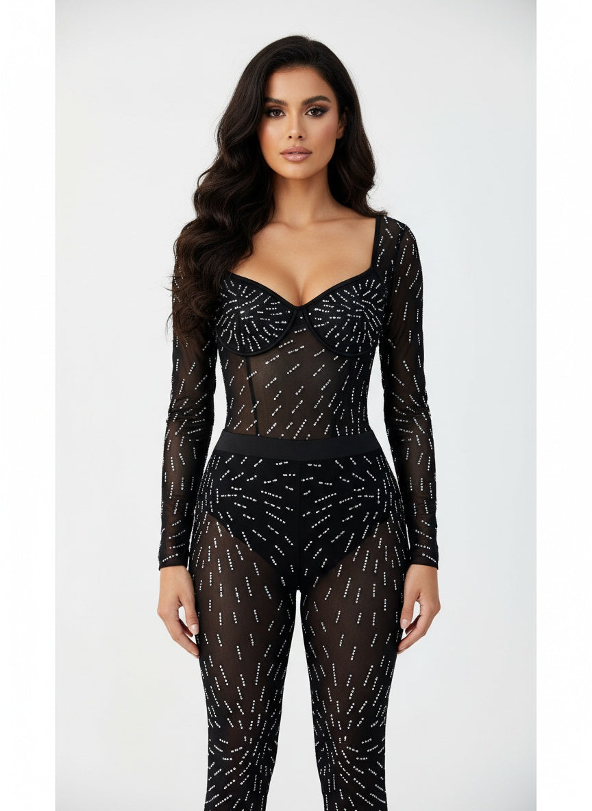 Conjunto Jumpsuit de Malla Brillante – Color Negro transparente