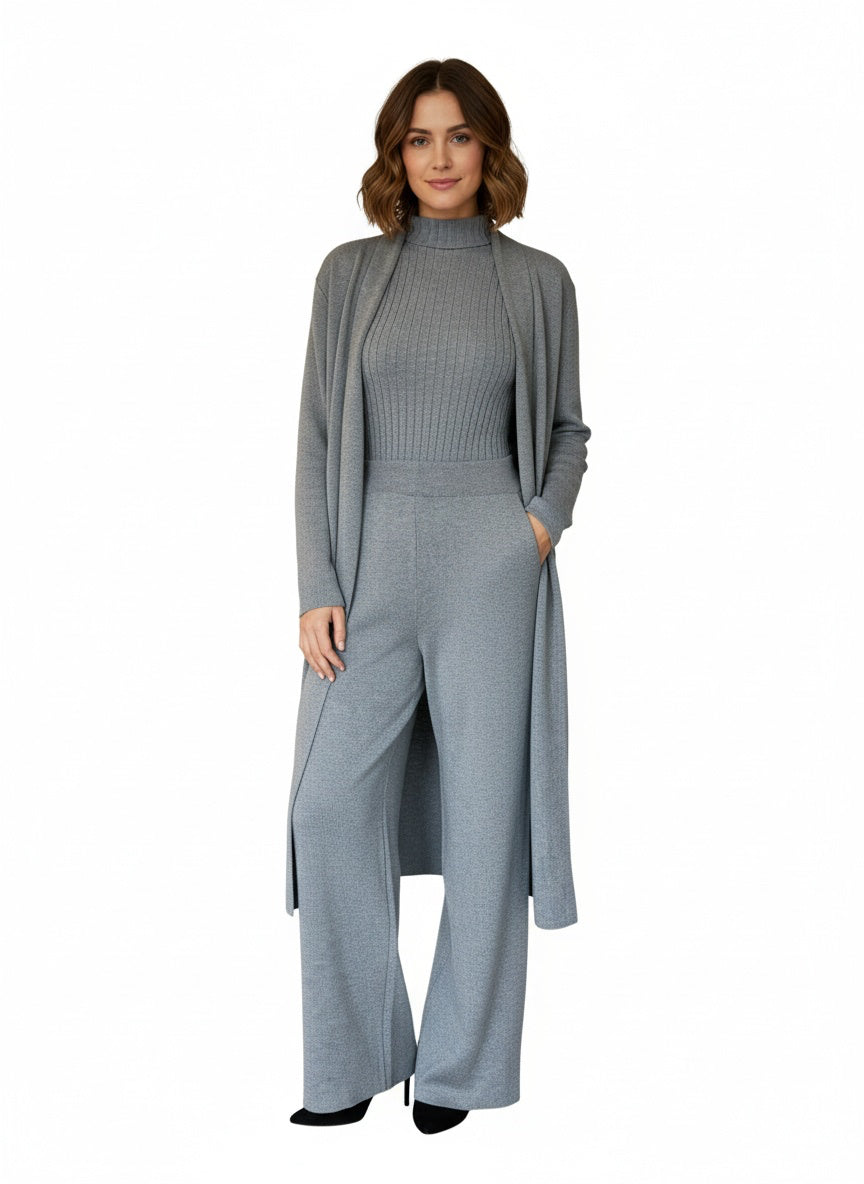 Set de Tres Piezas en Punto Canalé – Color Gris