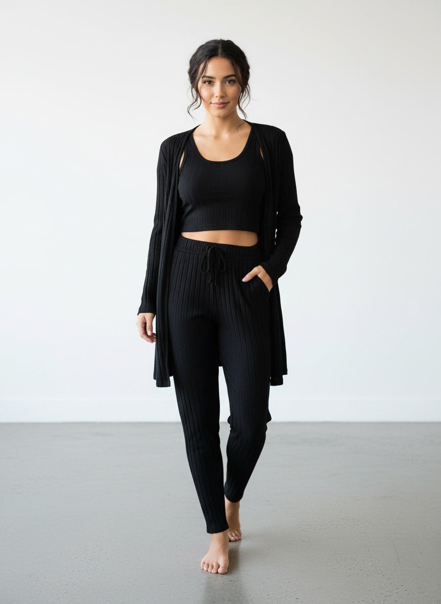 Set de Tres Piezas en Punto Canalé – Color Negro