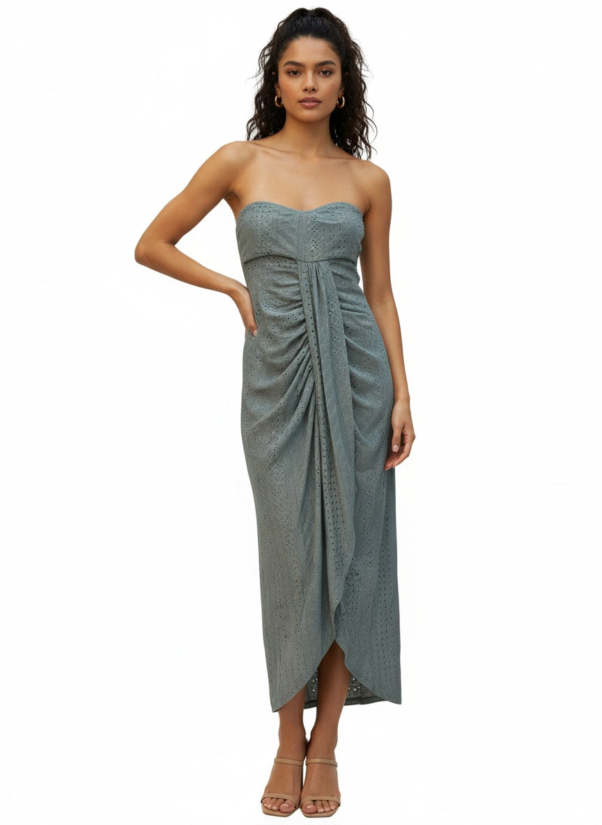 Vestido Largo con Drapeado Frontal – Verde Sage