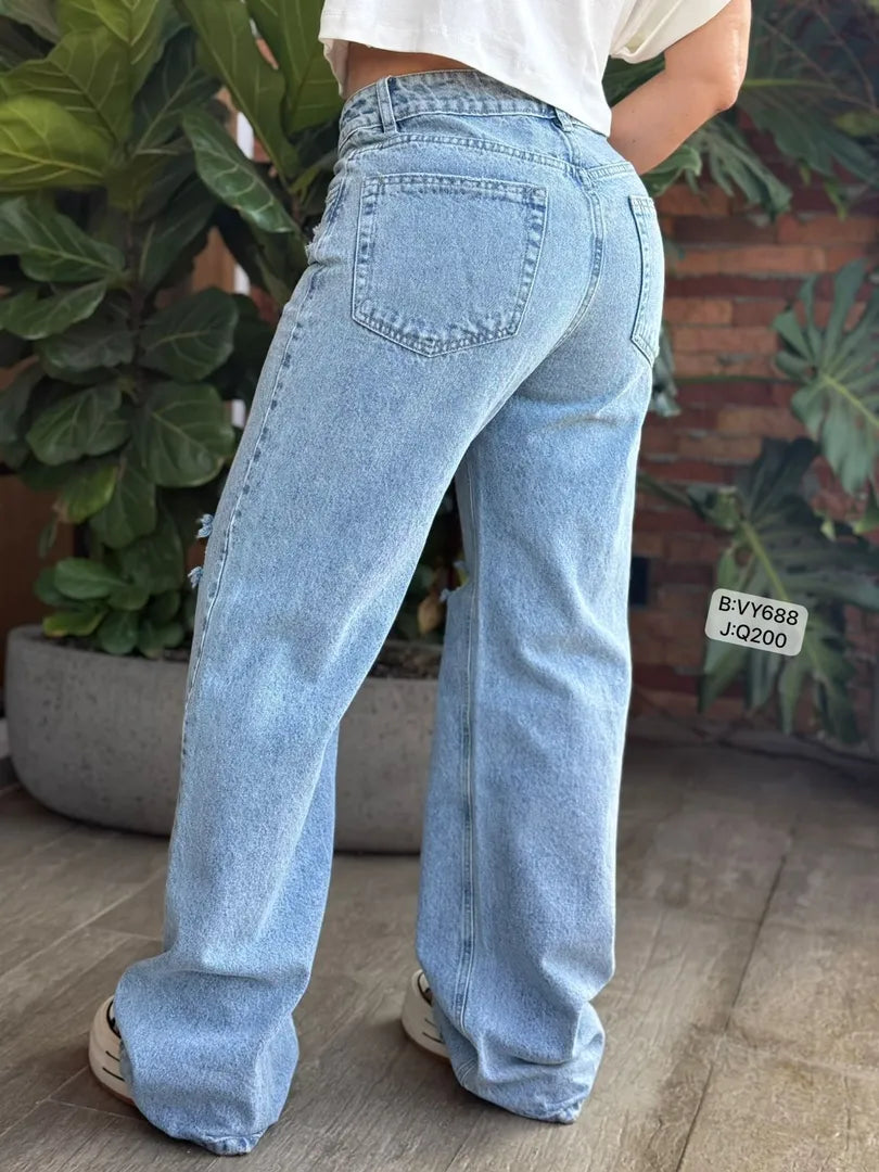 Jean Wide Leg con Desgaste